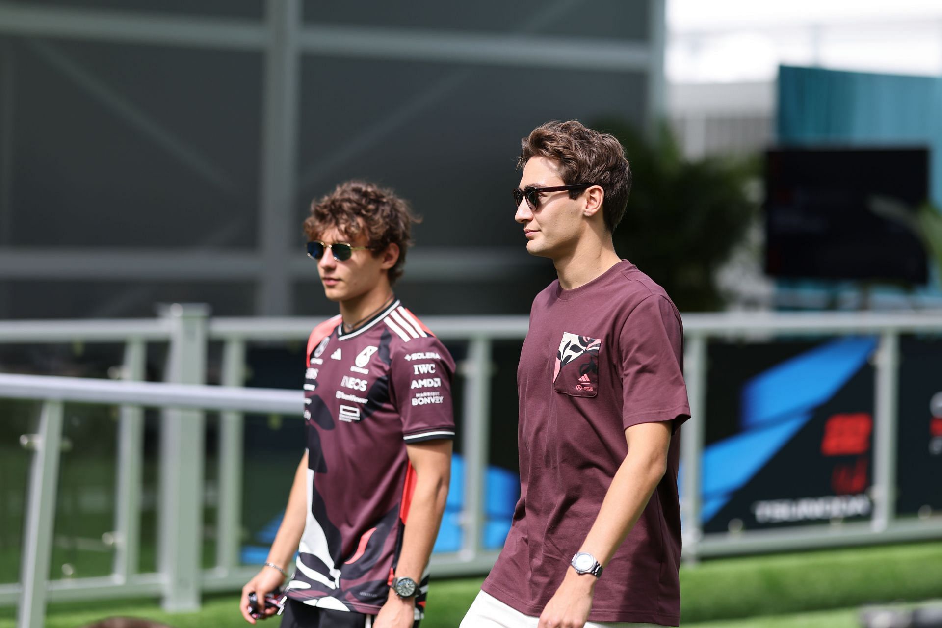Mercedes' Kimi Antonelli and George Russell arrive at the Miami International Autodrome. Source: Getty
